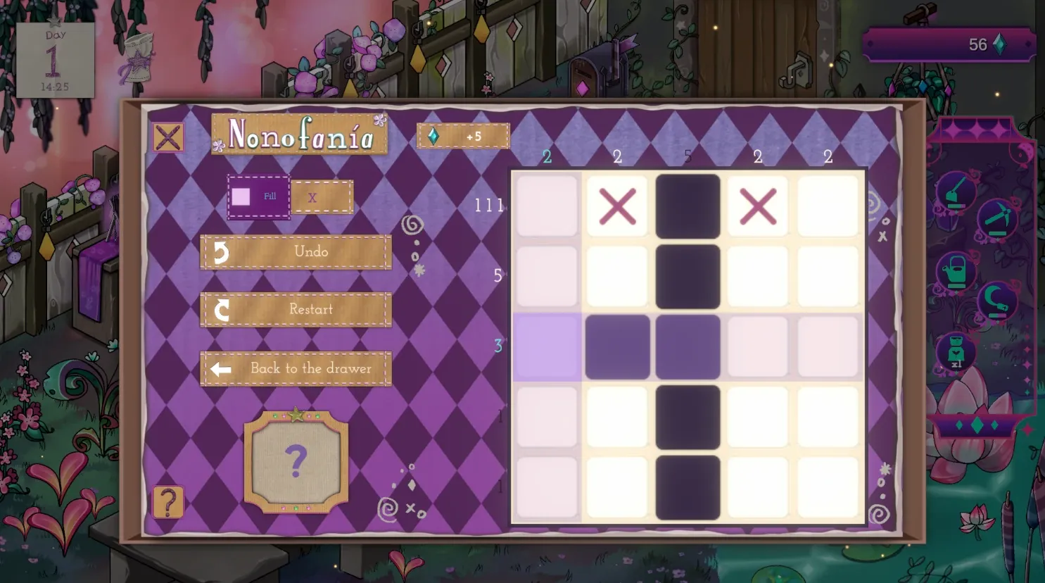 Tablero de 5×5 a medio resolver, con casillas pintadas y marcadas con X.